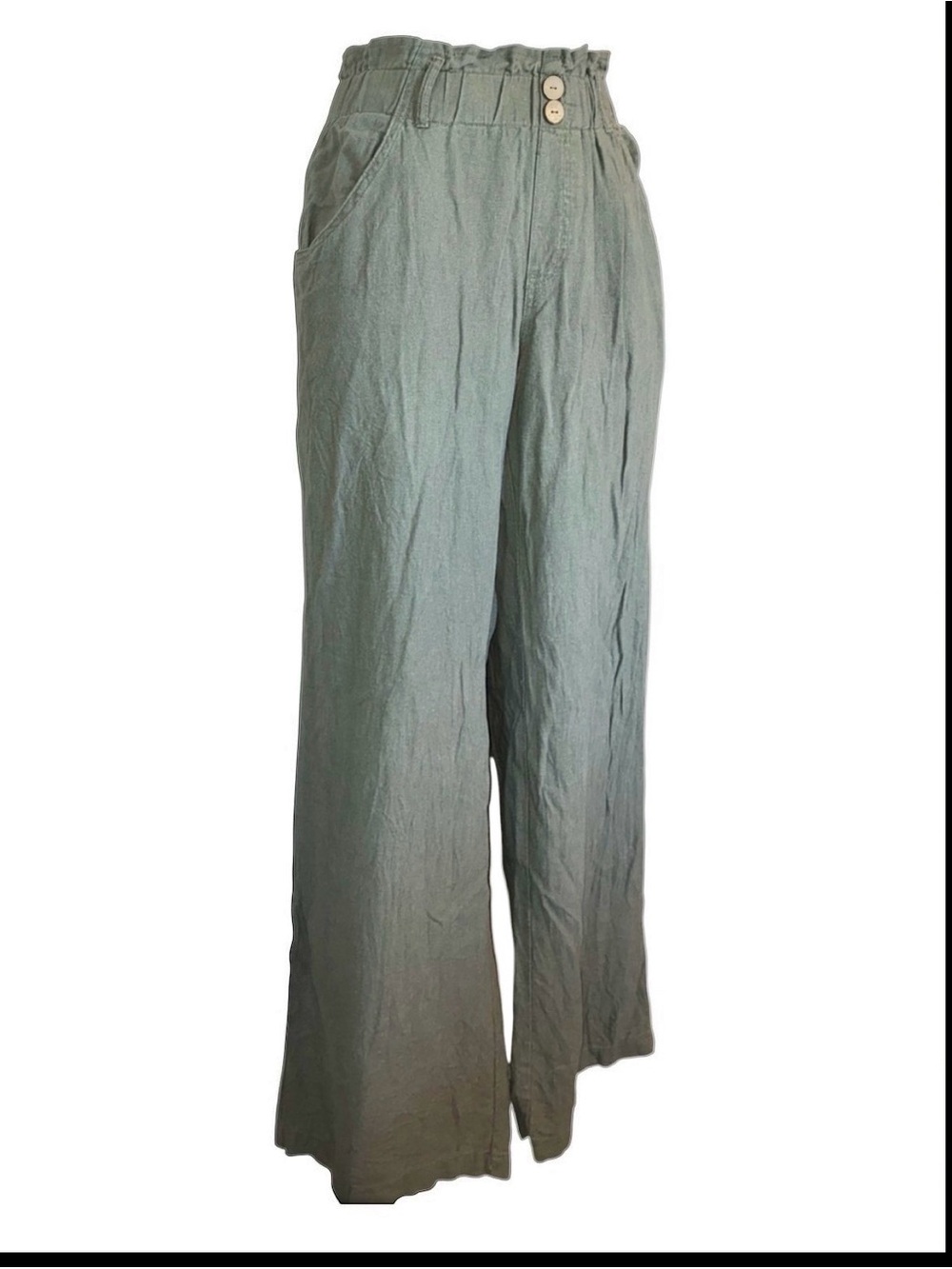 Rewind wide leg Pants, women's L, olive Linen-Blend elastic paperbag waist. EUC